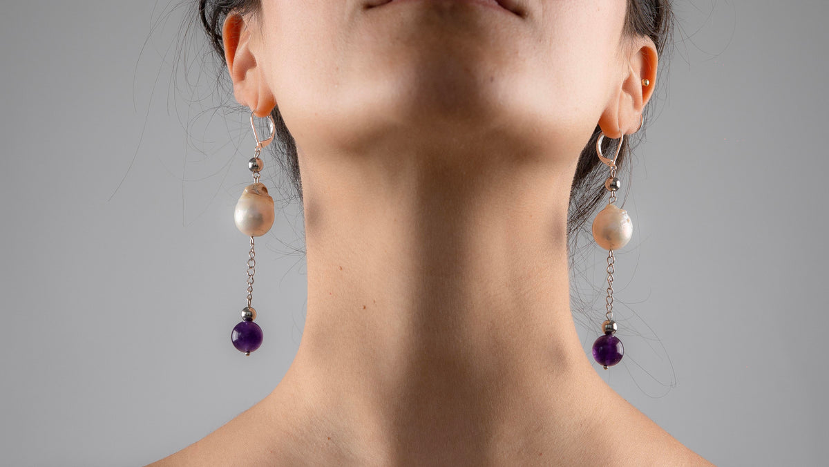 Dangle Earrings | Pearl and Amethyst